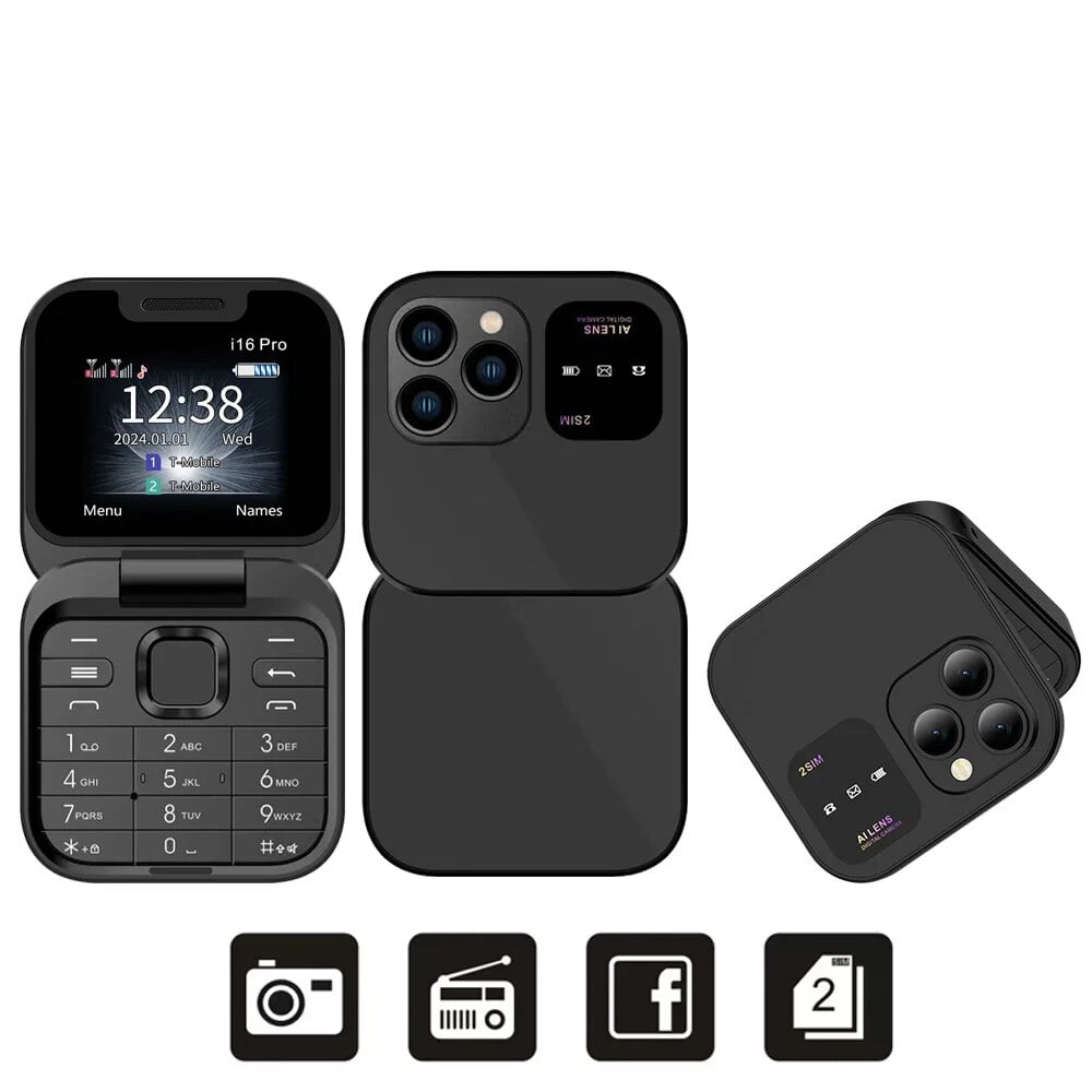 Broisae i16pro Mini Flip 2G GMS Mobile Phone 1.77 '' Screen 2 SIM Camera Flashlight Blacklist Speed Dial Magic Voice FM Radio Foldable Cellphone