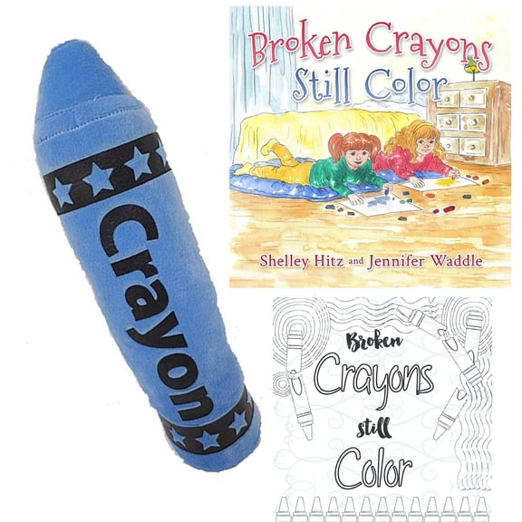 Broken Crayons Still Color by Shelley Hitz, Jennifer Waddle Paperback, 13 Blue Stuffed Crayon Plush Toy, and Coloring Page Educational Gift Set (Overcoming Obstacles and Finding Beauty)