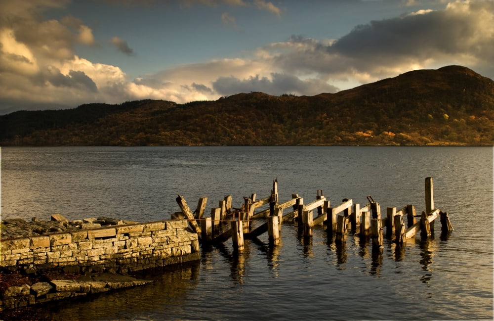 Broken Dock Loch Sunart Scotland Canvas Art - John Short Design Pics (34 x 22)