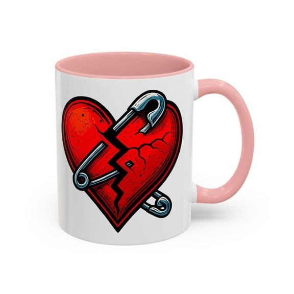 Broken Heart Mug with S1afety Pins Punk Goth Emo Coffee Cup, M1ended HearT1 Illustration, AntiVaL1entine Gift, Heartbreak Healing for Lovers