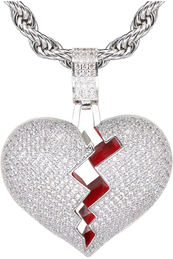 Broken Heart Pendant Necklace Hip Hop CZ Fully Iced Out Bling CZ Diamond 24K White Gold Plated with 24" Stainless Rope Chain