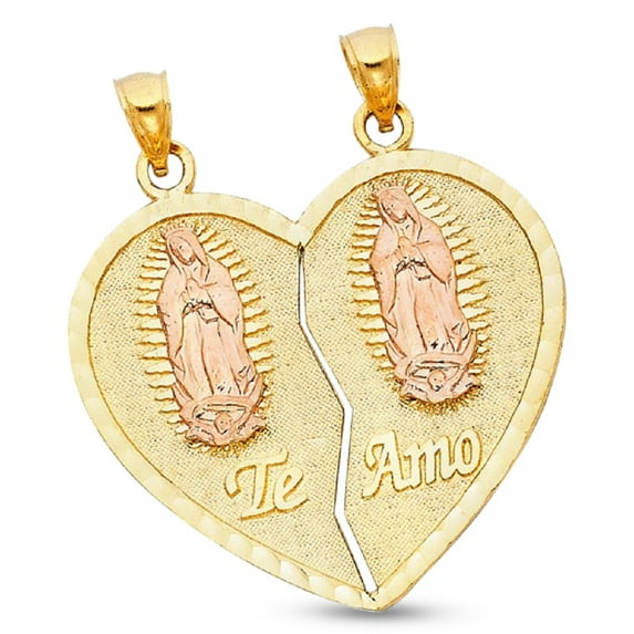 Broken Heart Te Amo Guadalupe Pendant 14k Yellow Rose Gold Virgin Mary Breakable Charm 31 x 26 mm