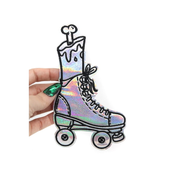 Broken Leg Roller Skater Silver Glitter Holo Vinyl Embroidered Iron On Patch