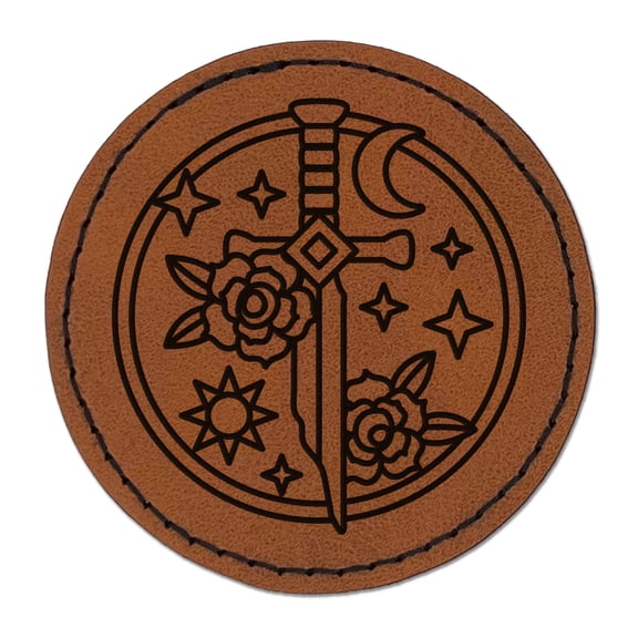 Broken Magical Sword 2.5" Faux Leather Round Engraved Iron-On Patch - Brown