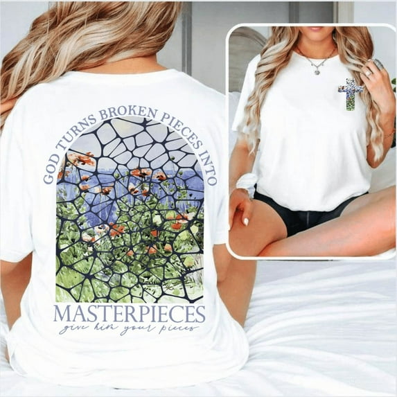 Broken Pieces Tee Christian T-Shirt Top Inspirational Design Soft Cotton Comfort Fit Colors White Sizes S-5XL