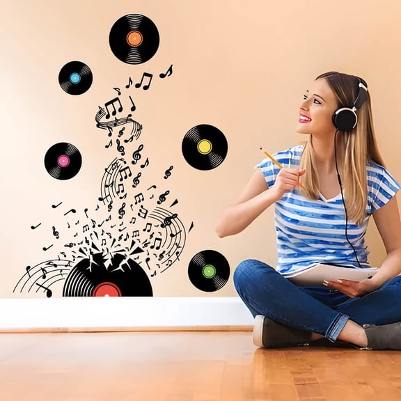 Broken Record Notes Wall Stickers Music Theme Self-Adhesive Vinyl Wall Decals Music Note Wallpaper Decor Musical Room Classroom Rehearsal