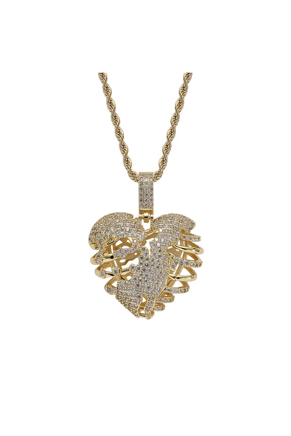 Broken Skeleton Heart Pendant Necklace AAA Cubic Zircon Men's Hip Hop Rock 14K Yellow Gold Jewelry