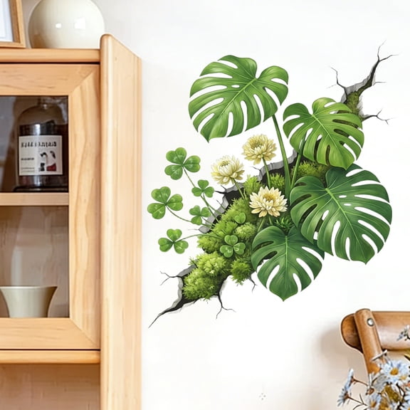 Broken Wall Effect Tropical Green Plants Turtle Leaf Wall Sticker For Living Room Entrance Decor