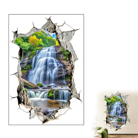 Broken Wall Hole Mountain Forest Waterfall PVC Mural Stickers on Fridge Decoration Aesthetic Cabinet for Home Rooms decals wall 3d peel sticker,3d stickers wall murals mountain murals mountain