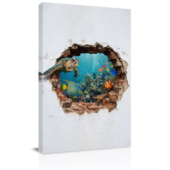 Broken Wall Sea Turtle Canvas Wall Art for Living Room, Vintage Nautical Tropical Ocean Fish Marine Life Poster Print Painting for Bedroom Office Home Decoration Wall Pictures Prepare To Hang 16"x24"