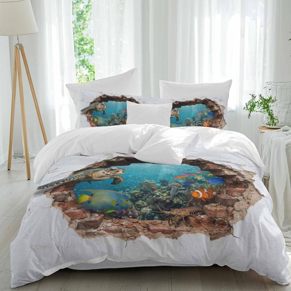 Broken Wall Sea Turtle Comforter Set Queen Size, Vintage Nautical Tropical Ocean Fish Marine Life Soft Bedding Set for Man Woman, 4 Pieces Duvet Cover Set with Fitted Sheet, 2 Pillowcases