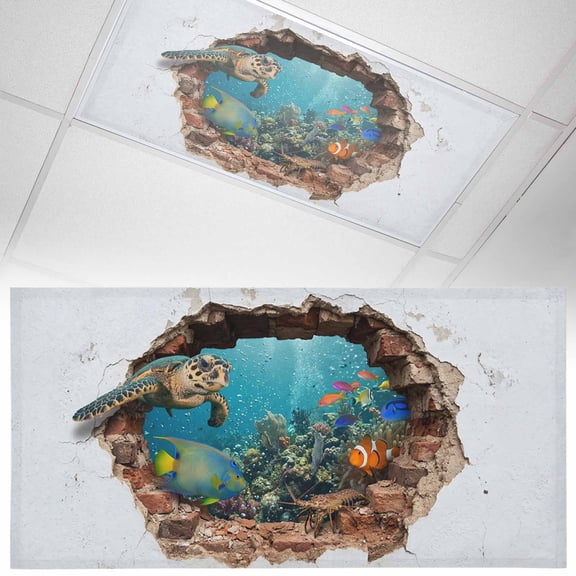 Broken Wall Sea Turtle Fluorescent Light Covers Vintage Nautical Tropical Ocean Fish Marine Life Magnetic Light Filters Ceiling Lighting Panel Shade for Classroom Office Home 2 x 4 ft, 1 Pack