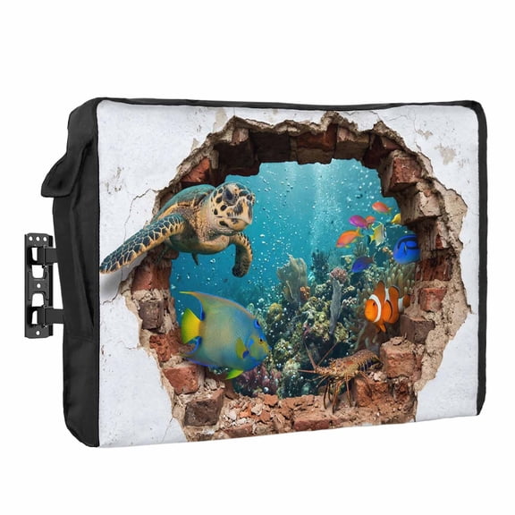 Broken Wall Sea Turtle Waterproof Outdoor TV Cover, Vintage Nautical Tropical Ocean Fish Marine Life Outside Weatherproof TV Enclosures for 60 to 65 Inch LCD Television Shield Flat Screen Protectors