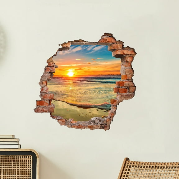 Broken Wall Tile Decal with Sunset Seaside Scene, Waterproof Wall Sticker for Home Interior, Accent Wall and Decorative Room Display