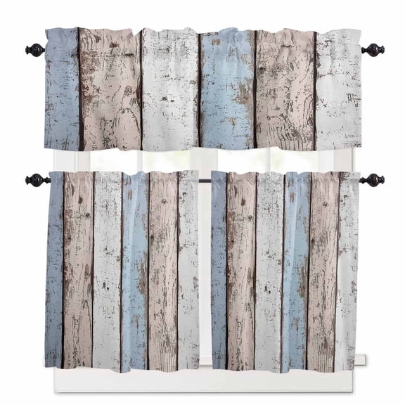 Broken Wood Broad Kitchen Curtains and Valances Set, Vintage Stripe Wood Retro Style Rod Pocket Window Valance 18 Inch Window Curtain Panels for Living Room Bedroom Laundry, 27.5x36in, 3 Pieces