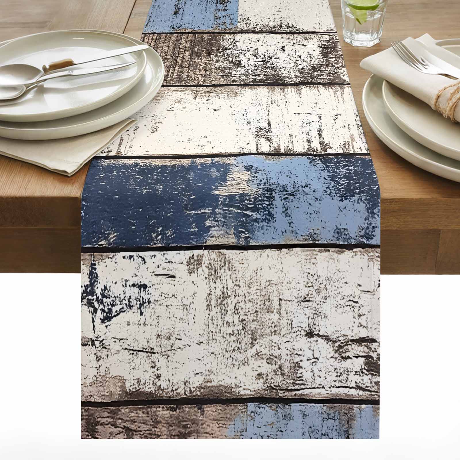 Broken Wood Broad Table Runner 13x48 inch Vintage White Blue Stripe ...