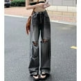 thumbnail image 1 of Broken hole jeans for women in autumn, high waist slimming, loose and casual straight leg wide leg floor pants, 1 of 4