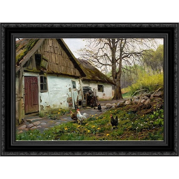 Bromolle Farm with Chickens 24x19 Black Ornate Wood Framed Canvas Art by Monsted, Peder Mork