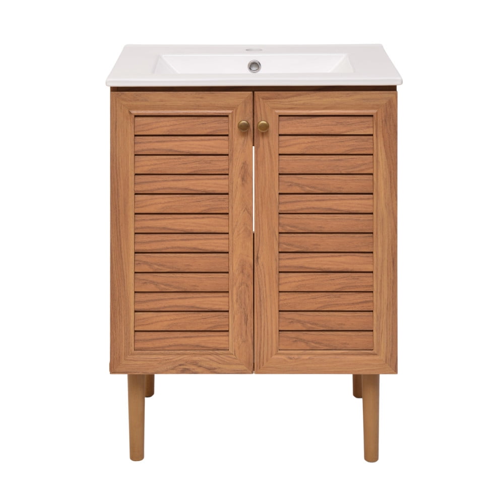 Bron 24" Brown Oak Freestanding Bathroom Vanity with White Sink Top