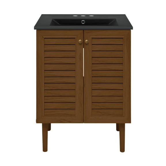 Bron 24" Freestanding Bathroom Vanity in Brown Oak with Black 3-Hole Centerset Sink Top
