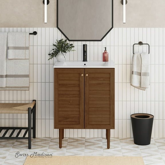 Bron 24" Freestanding Bathroom Vanity in Brown Oak with Sink Top