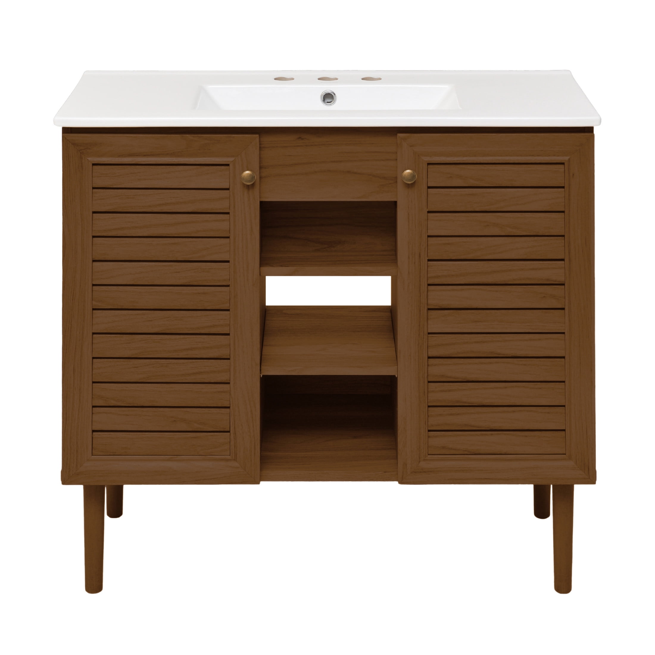 Bron 36" Freestanding Bathroom Vanity in Brown Oak with 3-Hole Widespread Sink Top