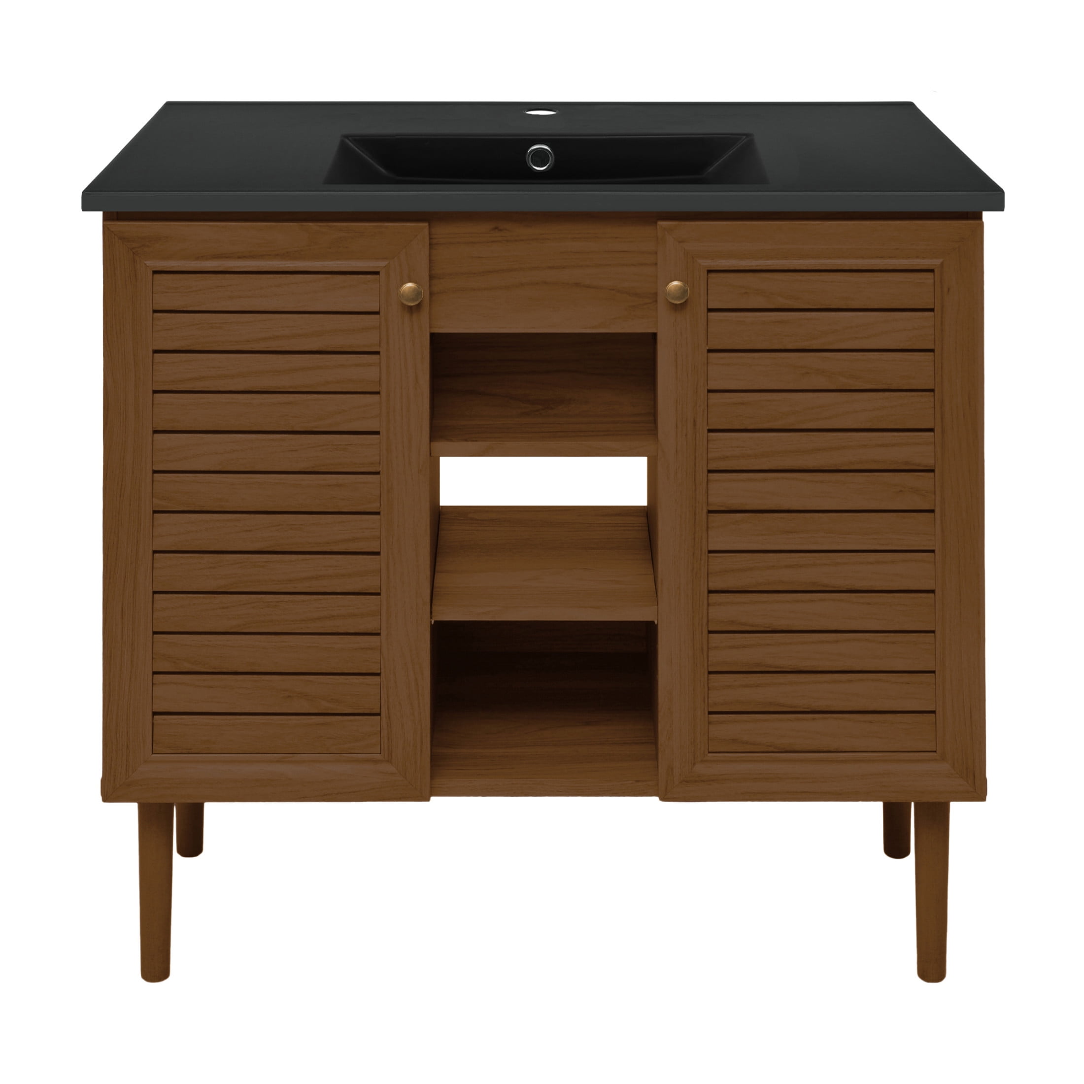 Bron 36" Freestanding Bathroom Vanity in Brown Oak with Black Sink Top