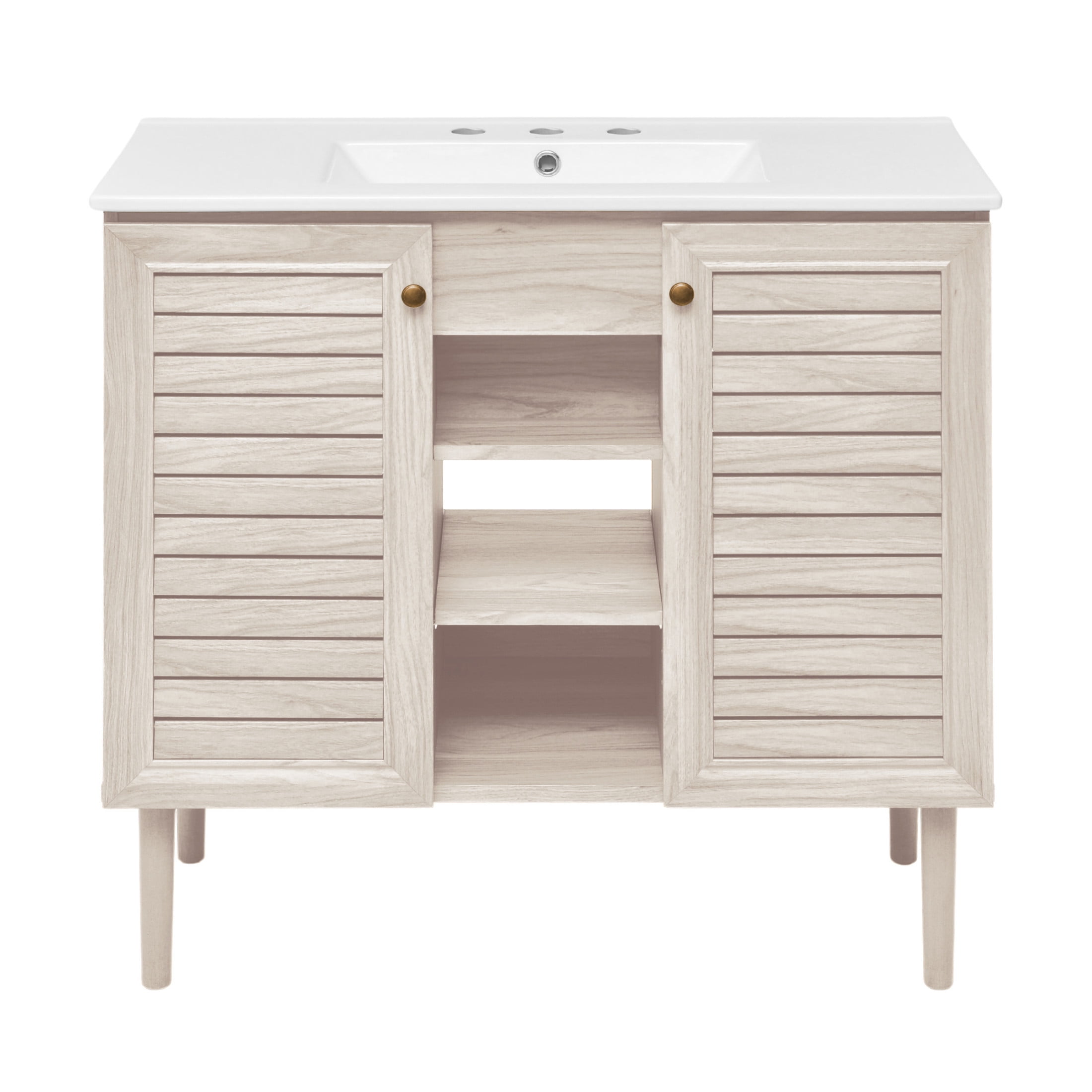 Bron 36" Freestanding Bathroom Vanity in White Oak with 3-Hole Widespread Sink Top