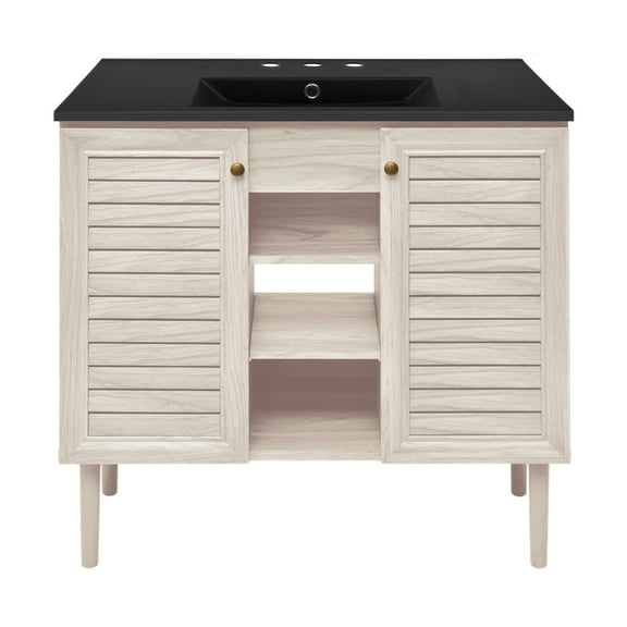 Bron 36" Freestanding Bathroom Vanity in White Oak with Black 3-Hole Widespread Sink Top