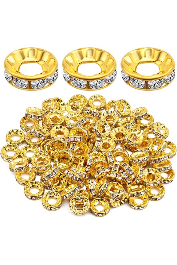 100pcs 10 mm Golden Plated Rhinestone Spacer Beads Large Hole European Rondelle Beads Round Shiny Crystal Loose Beads for DIY Bracelet Necklace Jewelry Making