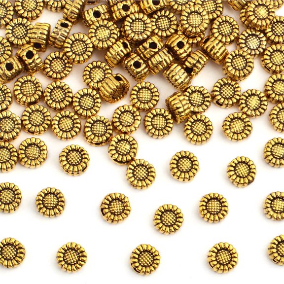 BronaGrand 100pcs Antique Golden Sunflower Spacer Beads Tibetan Alloy Round Flower Shape Beads Loose Charm Beads Accessories for DIY Bracelet Necklace Jewelry Craft Making