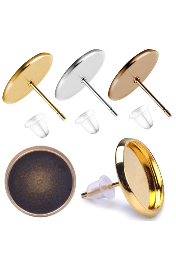 30 Pieces Stainless Steel Stud Earring Cabochon Setting Post Cup for 12mm and 30 Pieces Clear Rubber Earring Safety Backs