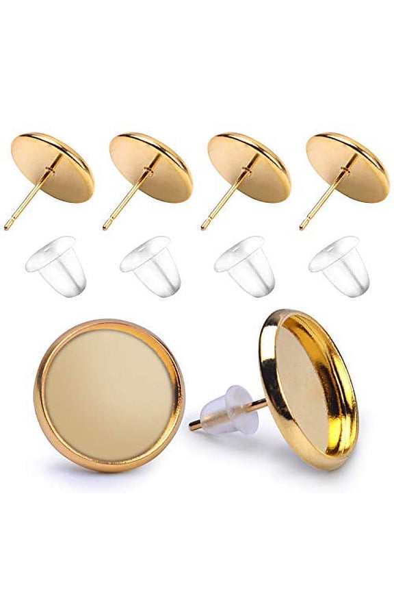 50 Pieces Stainless Steel Stud Gold Earring Cabochon Setting Post Cup for 12mm and 50 Pieces Clear Rubber Earring Safety Backs