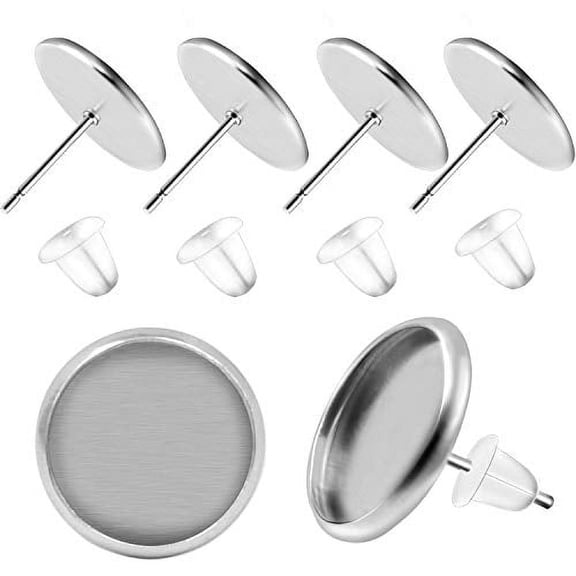 BronaGrand 50 Pieces Stainless Steel Stud Silver Earring Cabochon Setting Post Cup for 12mm and 50 Pieces Clear Rubber Earring Safety Backs