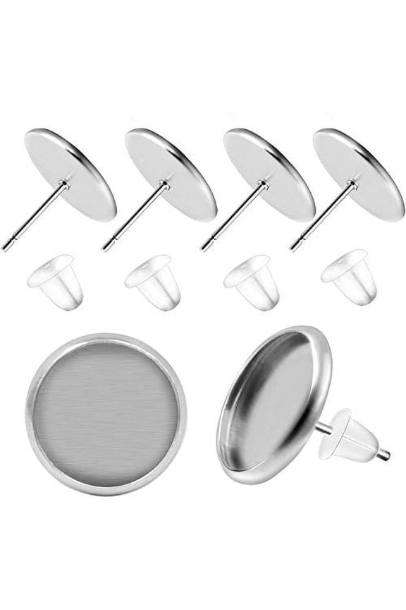 50 Pieces Stainless Steel Stud Silver Earring Cabochon Setting Post Cup for 12mm and 50 Pieces Clear Rubber Earring Safety Backs