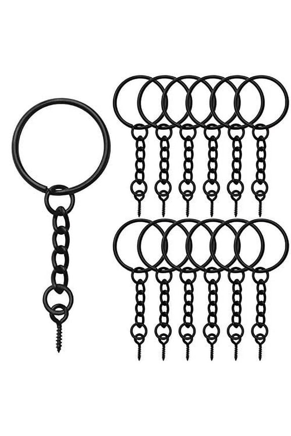 50pcs 25mm Split Key Ring with Extend Chain and 12mm Screw Eye Pin for Craft Charm Making,Black