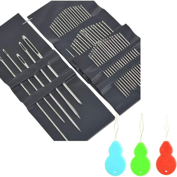BronaGrand 55 Count/Set Multi-Sized Stainless Steel Big Eye Hand Sewing Needles with 3 Threaders Sewing Needles+Threaders