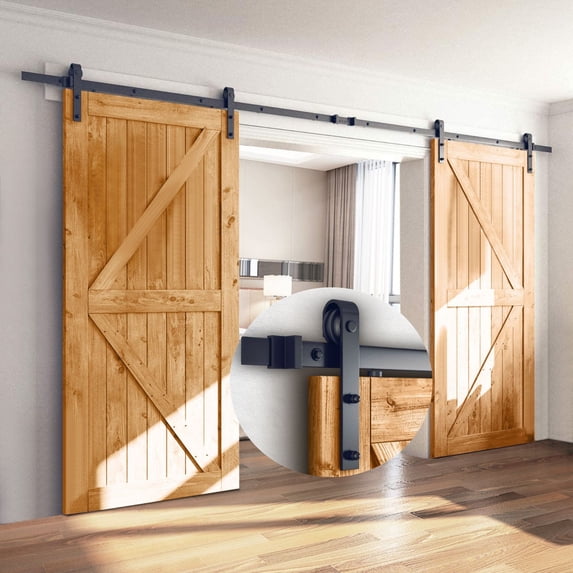 Bronco Hardware 4FT-20FT Sliding Barn Wood Door Hardware Kit, Rustic Antique Style For Double Doors, 18FT Flat Black Track Kit (Hardware Kit Only)