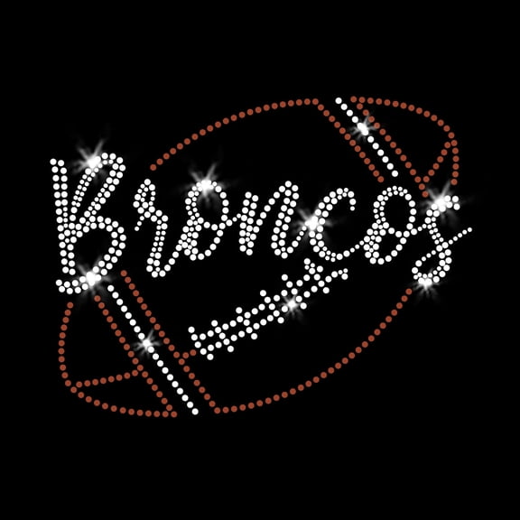 Broncos Script Football Sparkly Bling Iron-on Clear Crystal Rhinestone & Brown Rhinestud Transfer by JCS Rhinestones