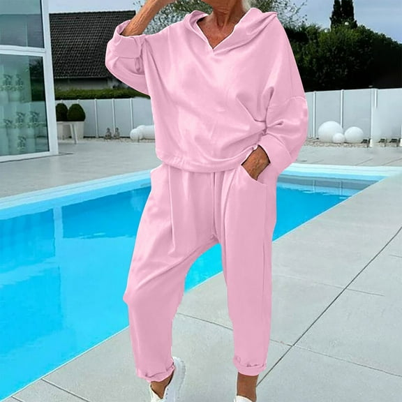 Brondbend 2 Piece Tracksuit for Sweat Suits for Womens Long Sleeve Hooded Solid Color Pullover and Casual Sweatpant Outfit Plus Size Fall Winter Fashionable Outdoor Athletic Set,Pink