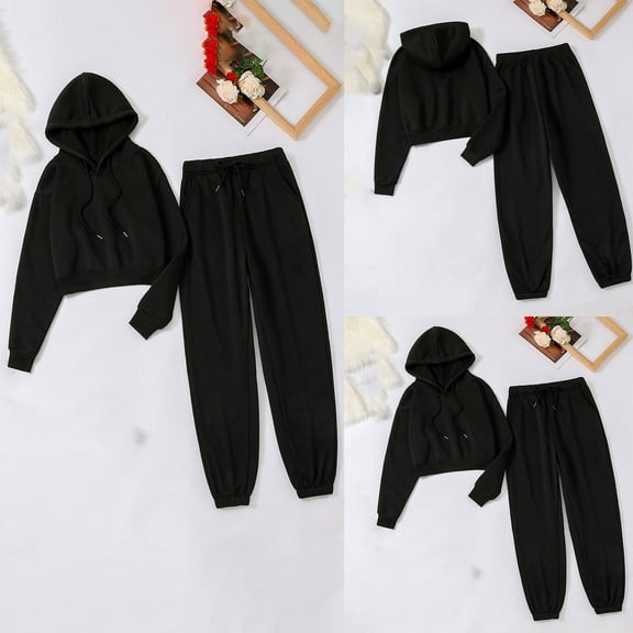 Brondbend 2 Piece Tracksuit for Women Sweat Suits for Womens Hooded Long Sleeved Solid Color Sweatshirt and Sweatpant Set with Drawstring Loose Fit Fall Workout Outfits,Black