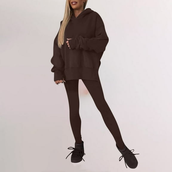 Brondbend 2 Piece Tracksuit for Women Sweatsuit for Women Hooded Long Sleeve Side Slit Solid Pullover and Tight Sweatpant Set Fall Winter Warm Comfortable Workout Outfits,Coffee