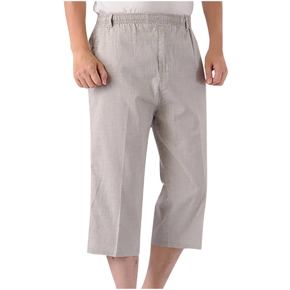 WWV 3/4 Pants Men Cropped Pants Men Pocket Elastic Waist Trousers Solid Color Casual Thin Regular Fit Weekend Travel Cotton Linen Pants Gray XXXXXL