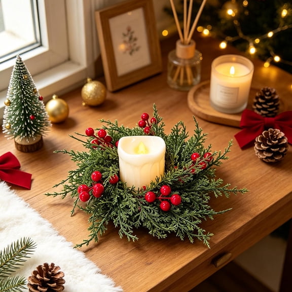 Brondbend Artificial Pine Needle Berry Candle Ring Wreath 12 Inch Christmas Candleholder Holiday Table Decor