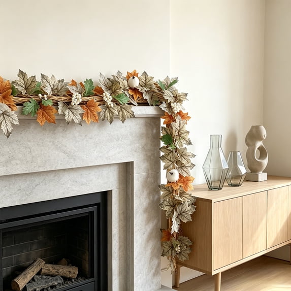 Brondbend Artificial Vine Fall Maple Leaf String Mini Pumpkin Decoration Plastic Hanging Front Door Thanksgiving Harvest Home Porch Entryway Living Room Bedroom Decor