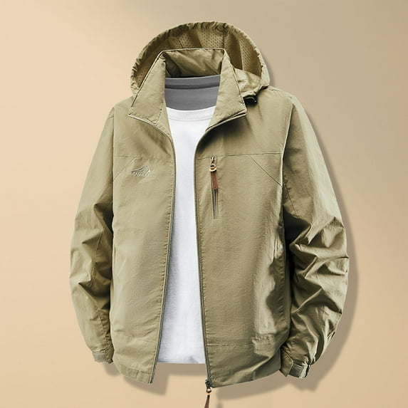 Brondbend Best Waterproof Windproof Jacket Men's Solid Color Long Sleeved Hooded Workwear Detachable Hat Jacket Loose Fit Travel Hiking Versatile,Khaki