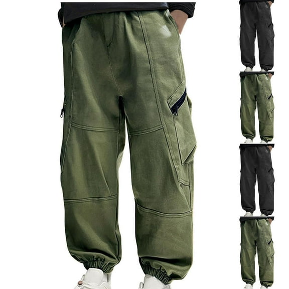 Brondbend Boy Cargo Pants Sweatpants for Kids Elastic Waisted Solid Color Pocket Joggers Regular Fit Fall Winter Outdoor Athletic Hiking Comfortable Trousers,Army Green