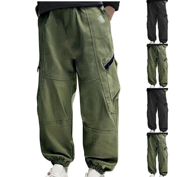 Brondbend Boy Cargo Pants Sweatpants for Kids Elastic Waisted Solid Color Pocket Joggers Regular Fit Fall Winter Outdoor Athletic Hiking Comfortable Trousers,Army Green