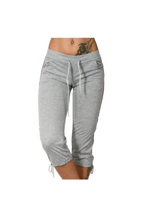Capri Yoga Pants for Women Cropped Pants Women Solid Color Stretch Mid Waist Drawstring Cotton Linen Athletic Trousers with Pocket Slim Gym Workout Outdoor Jogger Tights Comfy