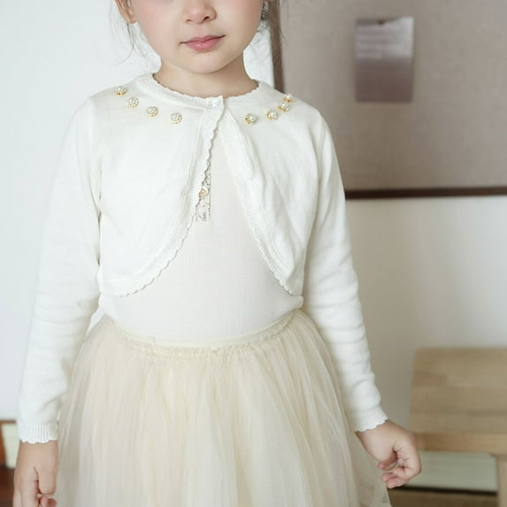 Brondbend Cardigan for Girls Little Girls Knitted Sweater Crewneck Long Sleeved Bead Solid Cotton Coat Open Front Cute Casual Jacket Loose Fall Versatile Outerwear,White
